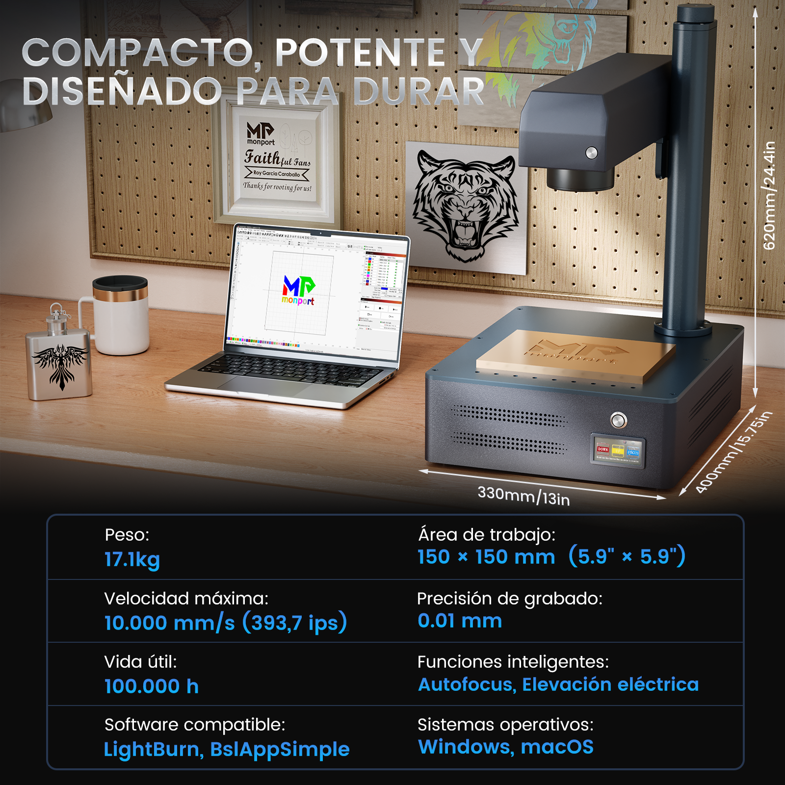 Máquina de marcado y grabado láser de fibra integrado Monport GM 30W Pro con enfoque automático