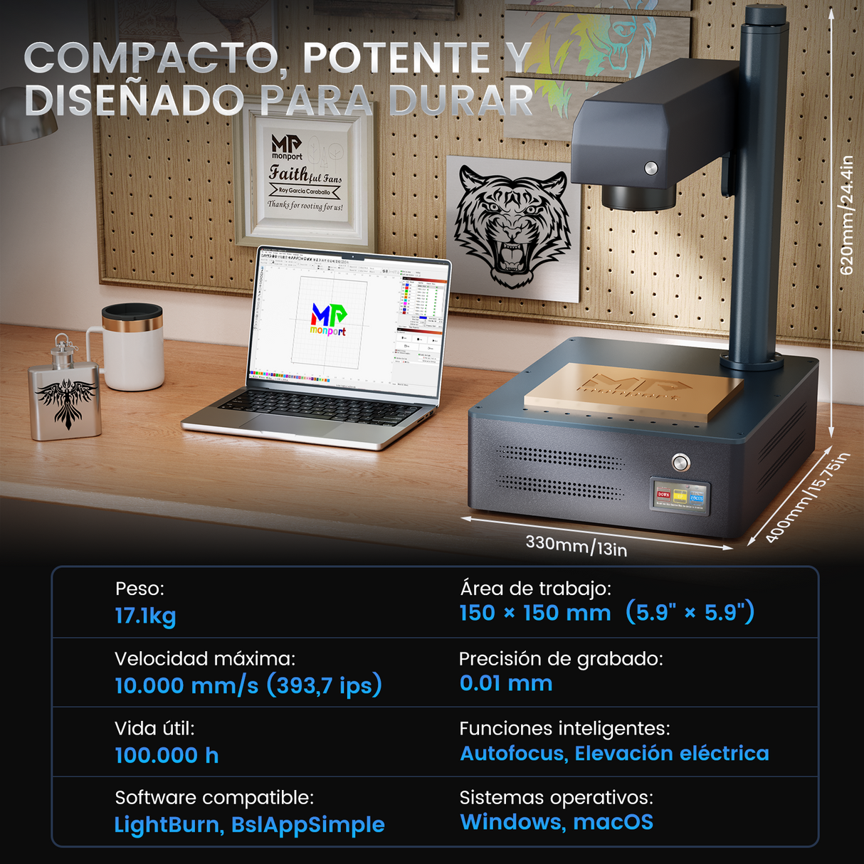 Máquina de marcado y grabado láser de fibra integrado Monport GM 30W Pro con enfoque automático - Máquina
