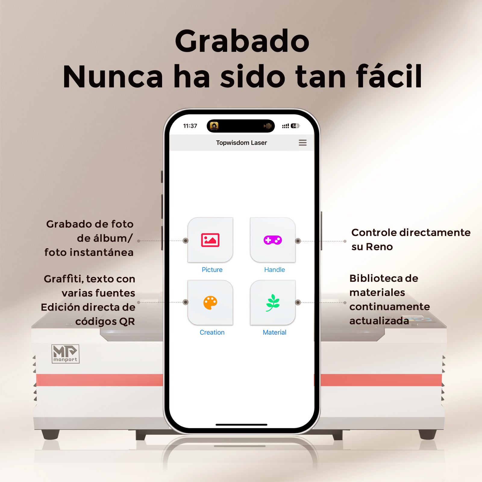 Monport Reno65 Pro Grabadora y Cortadora Láser de CO2 de Sobremesa de 65W (24