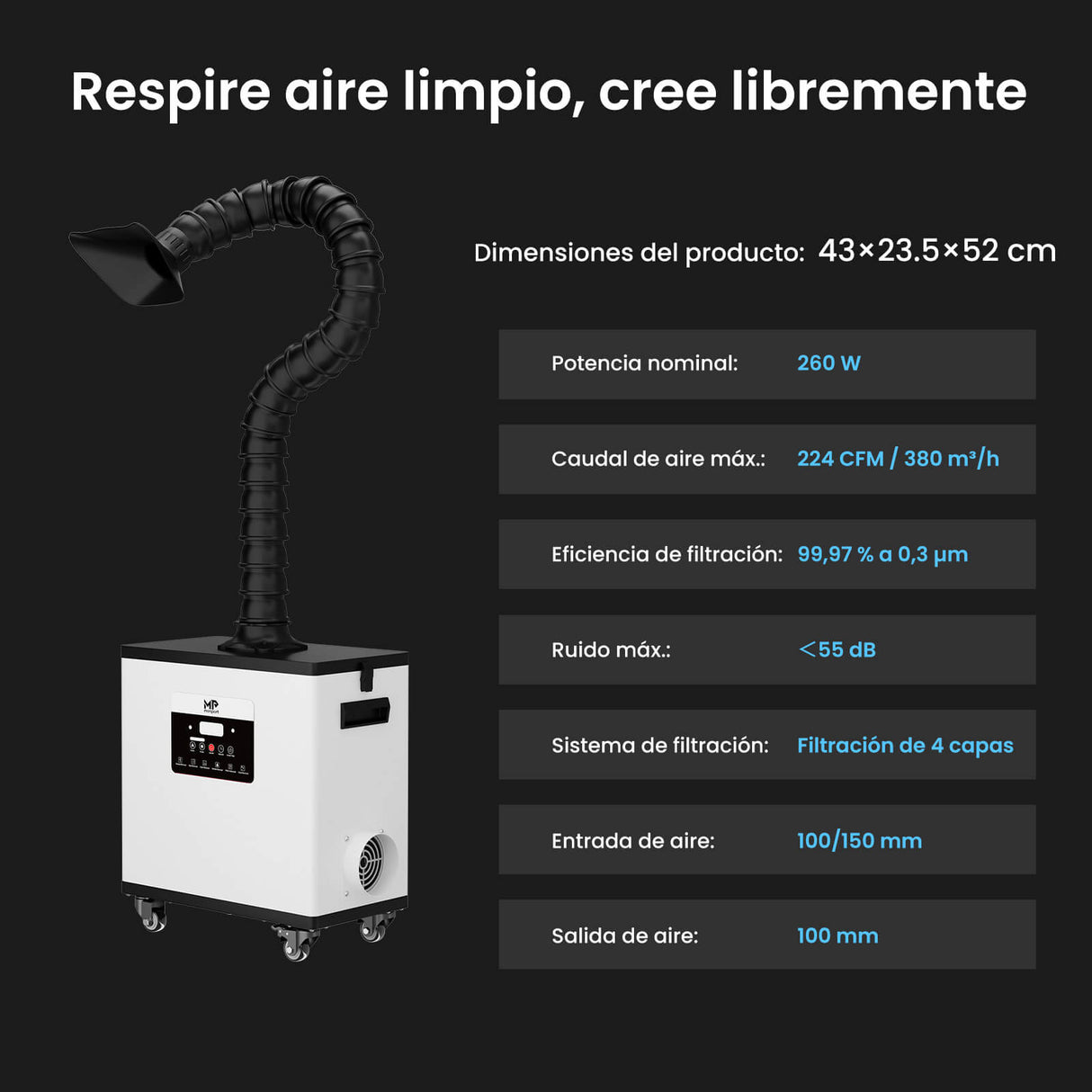 Monport 260W Sistema de extracción de humos láser con sistema de filtración de 4 etapas – Para máquinas de grabado láser CO₂ y de fibra