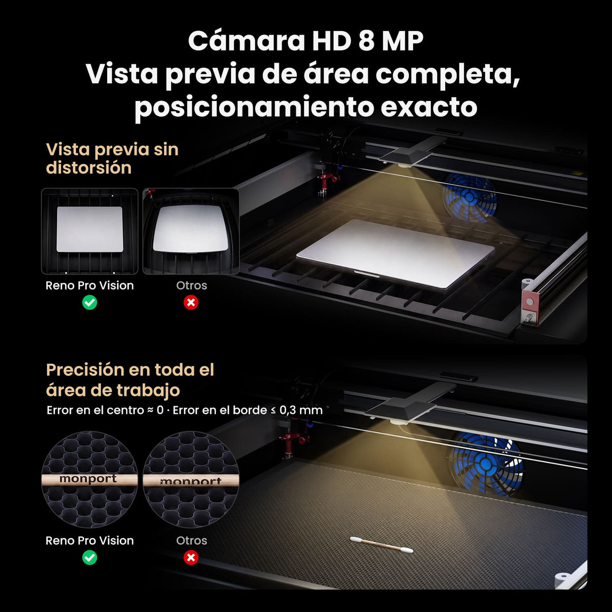 Monport Reno45 Pro Vision 45W Grabadora y Cortadora Láser CO₂ de Escritorio (16" x 12") con Cámara HD de 8MP, Autofocus Magnético y Sistema de Refrigeración por Agua Integrado