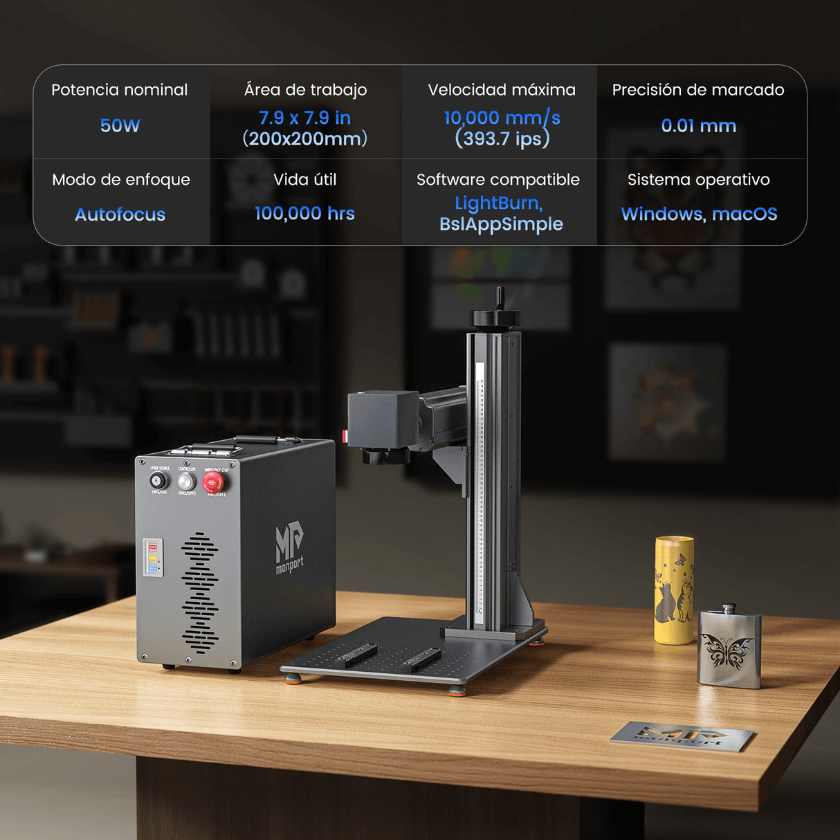Monport GT 50W Láser de fibra separado: máquina de grabado y marcaje con enfoque automático (200 mm × 200 mm) — dispositivo alemán