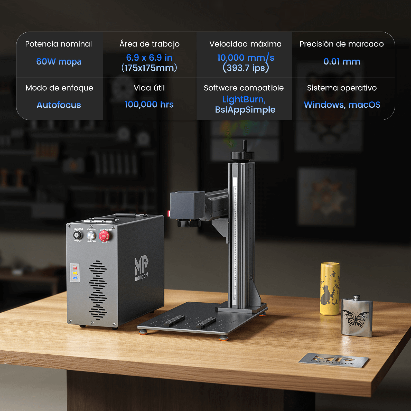 Monport GT 60W Láser de fibra MOPA separado: máquina de grabado y marcaje de colores con enfoque automático — dispositivo alemán