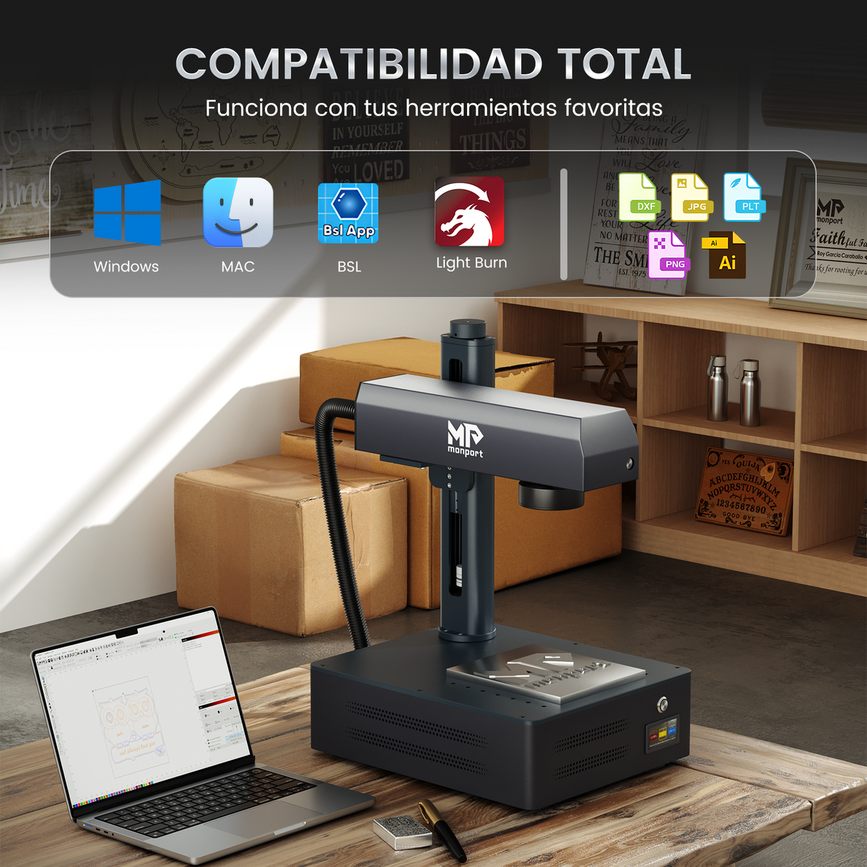 Máquina de grabado y marcado láser de fibra MOPA integrada Monport GM 60W Pro con enfoque automático
