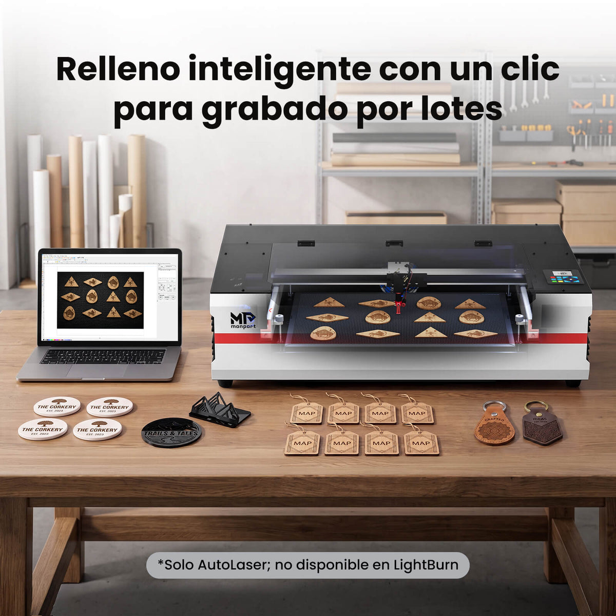 Monport Reno65 Pro Vision 65W – Grabadora y Cortadora Láser CO₂ de Sobremesa (24'' x 16'') con Cámara HD de 8MP, Autofocus Magnético y Sistema de Refrigeración por Agua Integrado