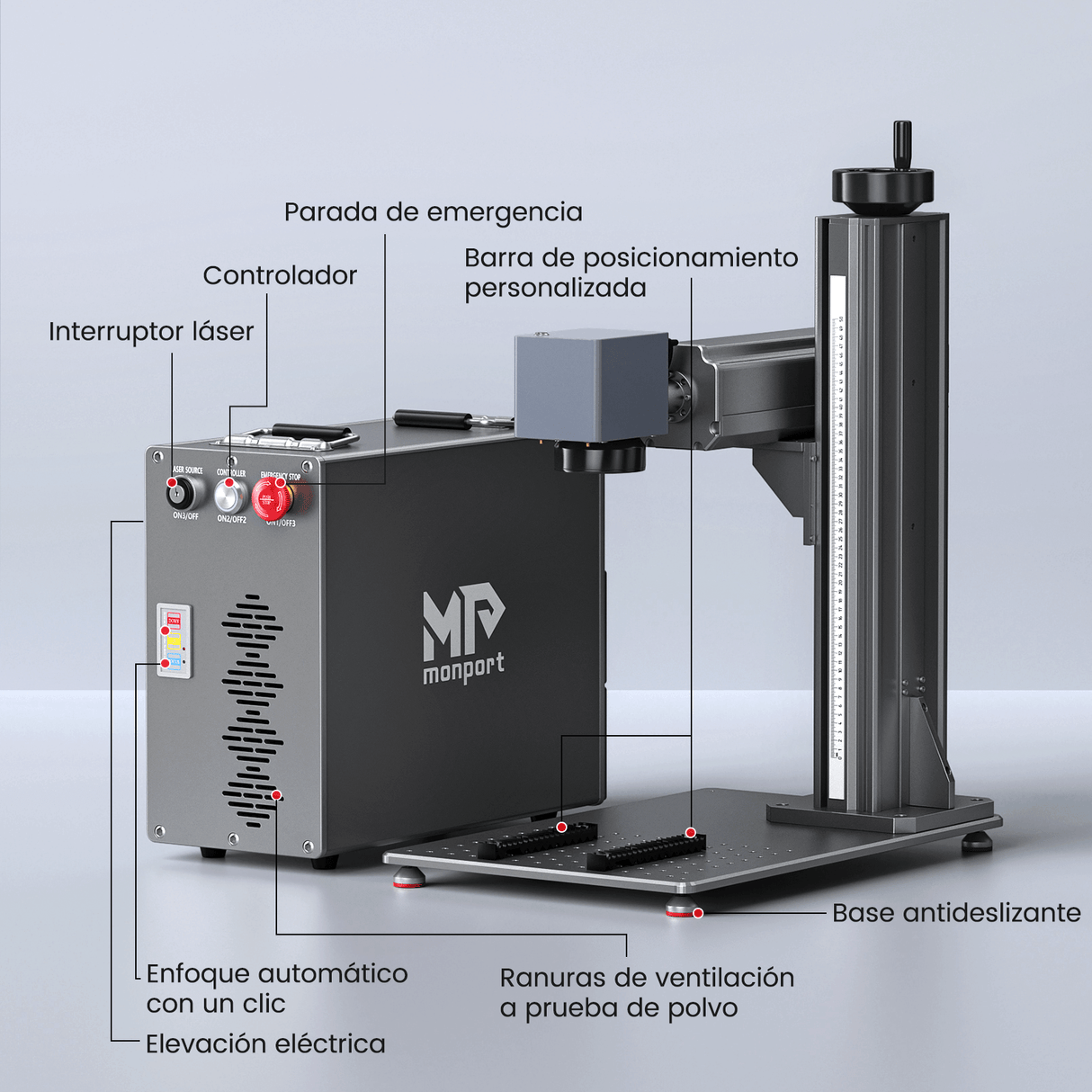 Monport GT 50W Láser de fibra separado: máquina de grabado y marcaje con enfoque automático (200 mm × 200 mm) — dispositivo alemán