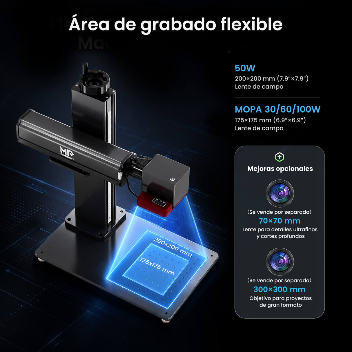 Monport GPro 100W MOPA Vision Máquina Láser de Fibra – Con Sistema de Visión para Posicionamiento Automático, Grabado de Metal de Alta Precisión y Marcado Láser