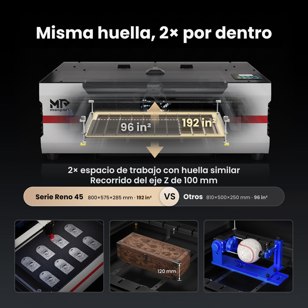 Monport Reno45 Pro Vision 45W Grabadora y Cortadora Láser CO₂ de Escritorio (16" x 12") con Cámara HD de 8MP, Autofocus Magnético y Sistema de Refrigeración por Agua Integrado
