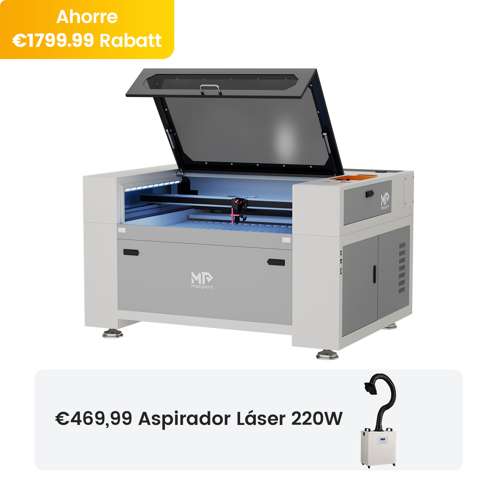 Máquina de grabado y corte láser CO2 de 100W versión mejorada Monport Effi 10S con función de enfoque automático y enfriador de agua incorporado