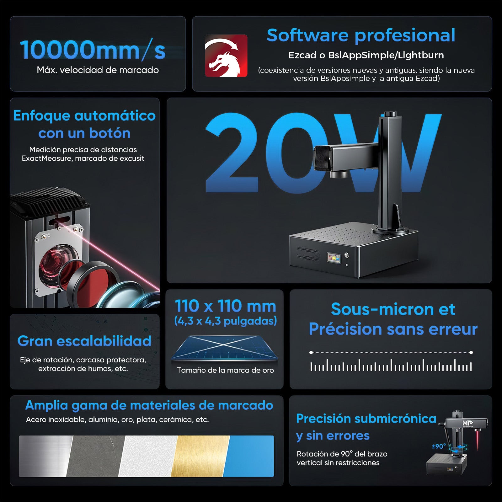 Grabador y marcador láser de fibra integrado Monport GA mejorado de 20W con enfoque automático