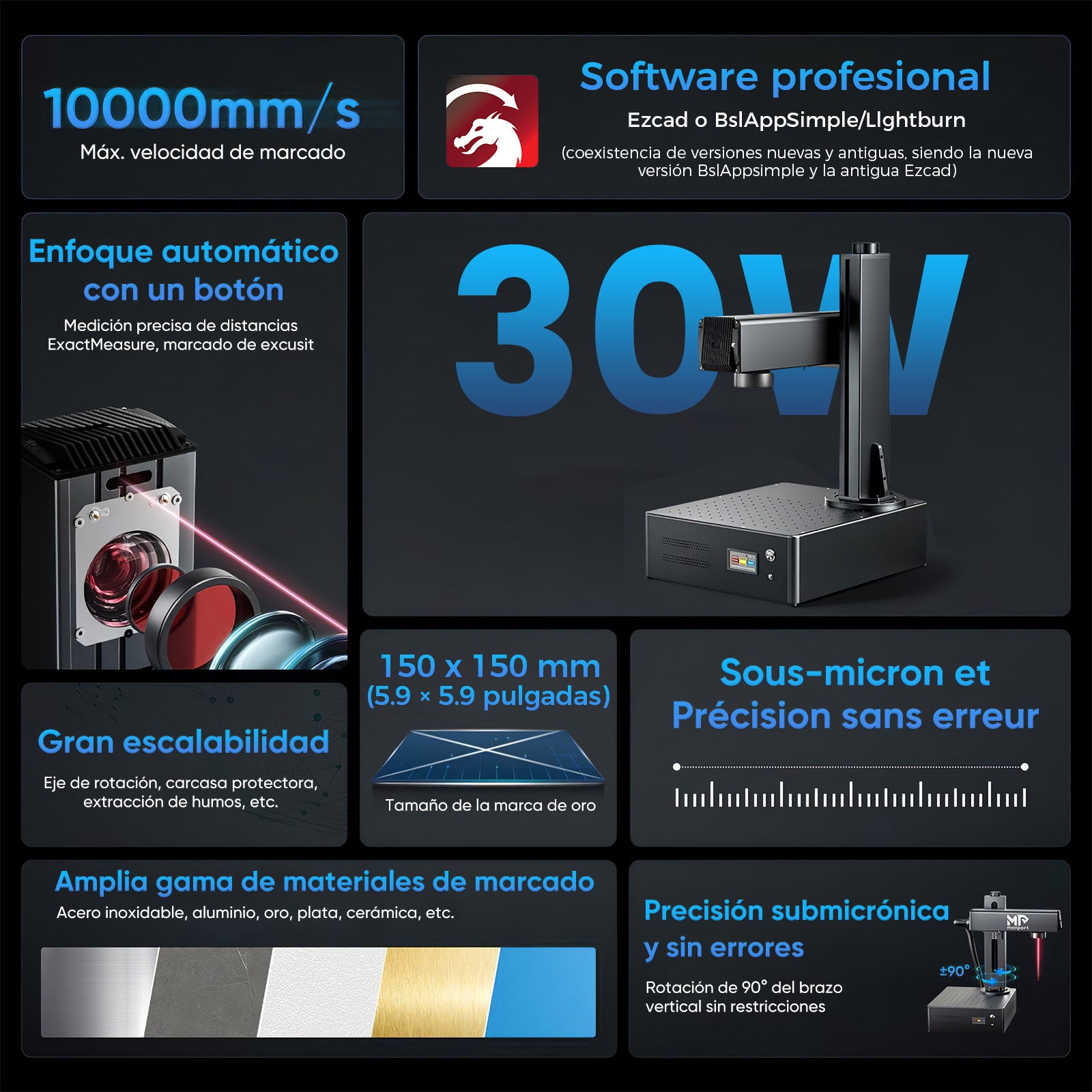Grabador y marcador láser de fibra integrado Monport GA Enhanced de 30W con enfoque automático