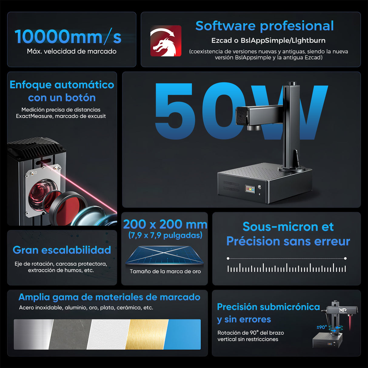 Grabador y marcador láser de fibra integrado Monport GA mejorado de 50W con enfoque automático