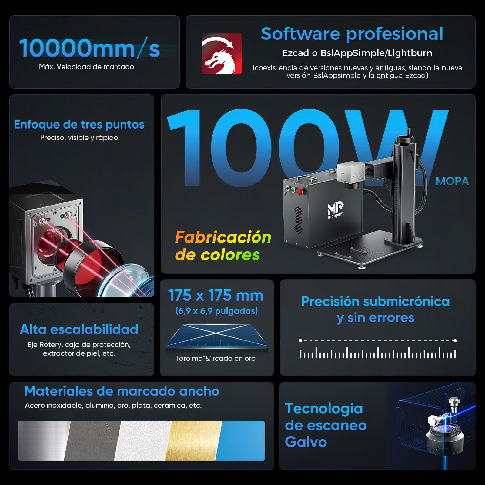 Grabador y marcador láser de fibra MOPA GPro de 100W (175x175mm) Monport con enfoque manual