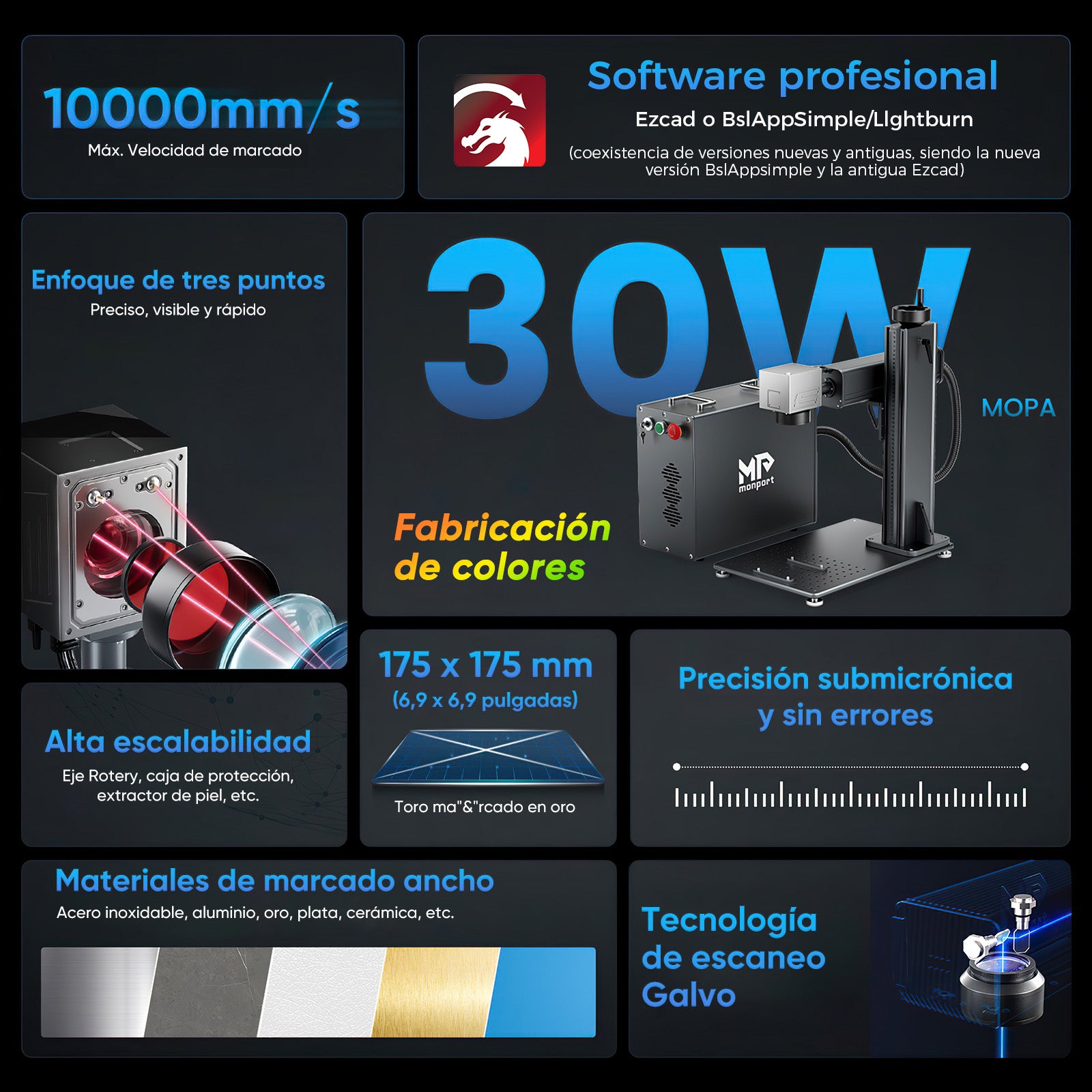 Grabador y marcador laser de fibra Monport 30W (175 x 175 mm) GPro MOPA con enfoque manual