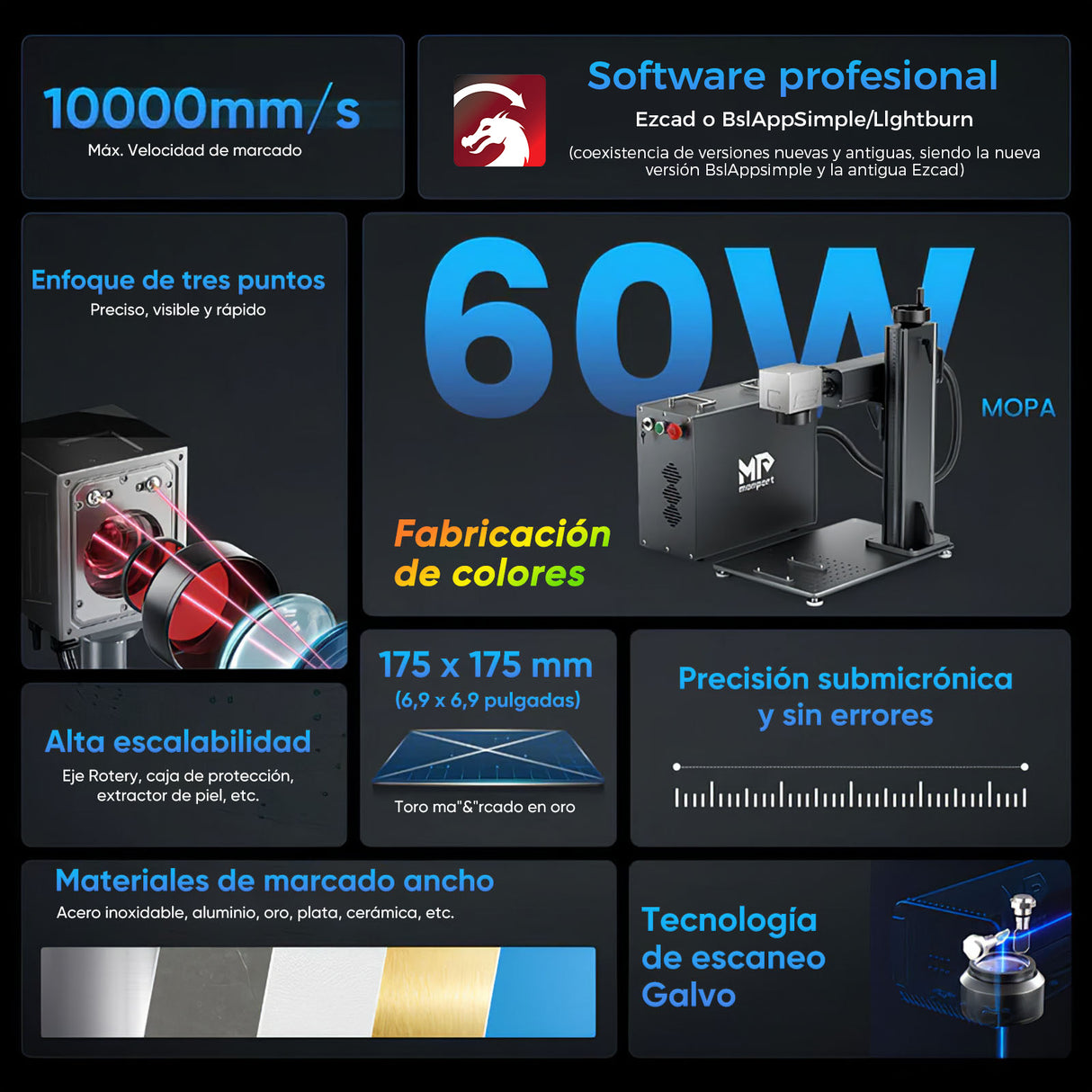 Máquina de grabado y marcado láser de fibra Monport 60W (175x175 cm) GPro MOPA con enfoque manual