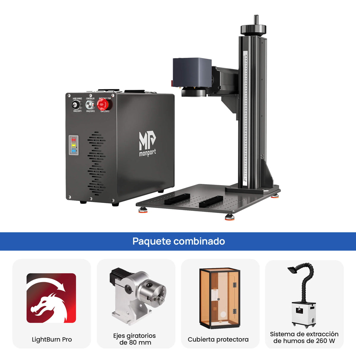 Monport GT 30W Láser de fibra MOPA separado: máquina de grabado y marcaje de colores con enfoque automático — dispositivo alemán