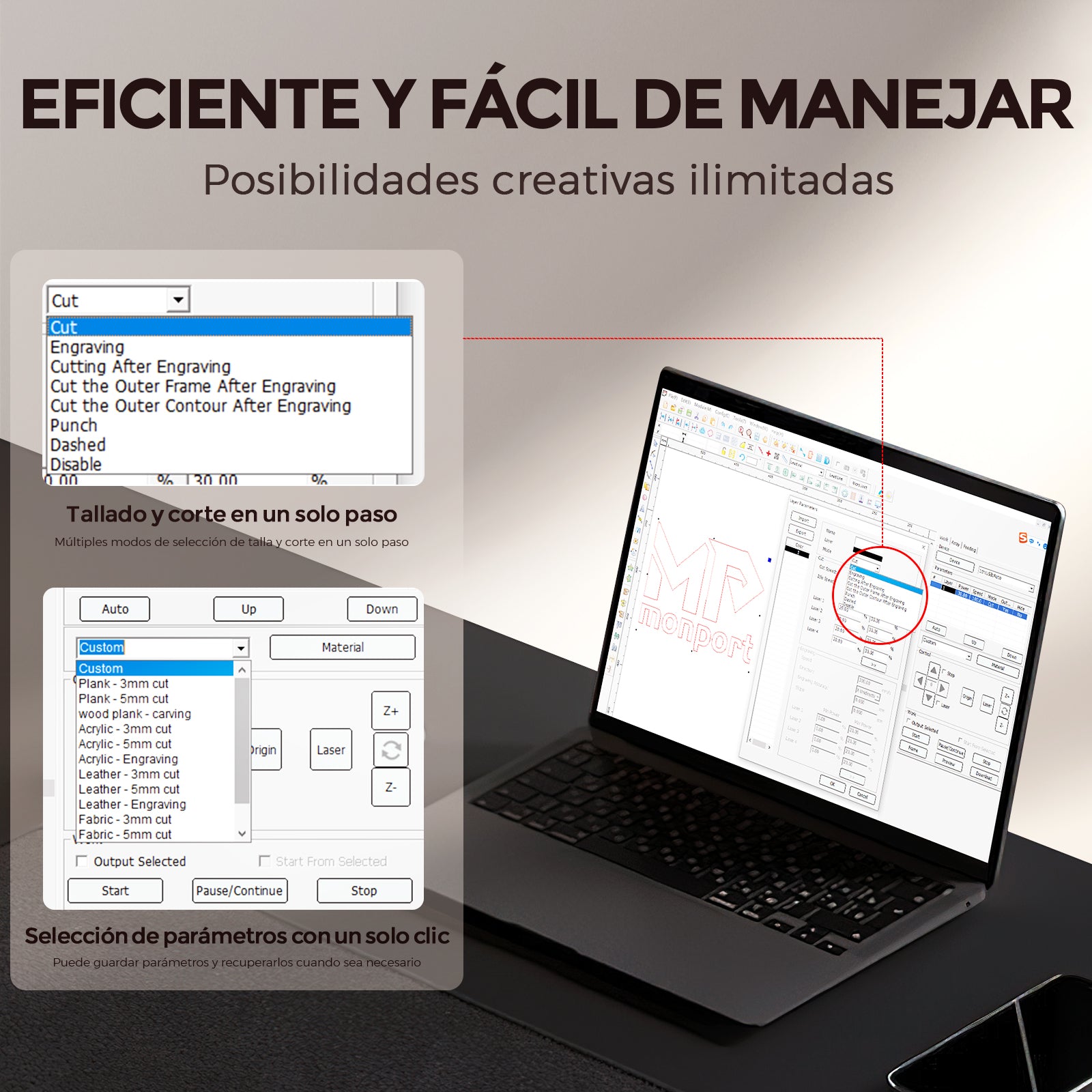 Monport Reno45 Pro de 45W Grabador y cortador láser de CO2 de escritorio (16