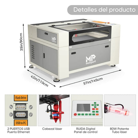 Máquina de grabado láser y cortadora con sistema de refrigeración por agua integrado de CO2 Monport de 80W con superficie de grabado (900x600 mm)