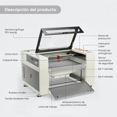 Máquina de grabado láser y cortadora con sistema de refrigeración por agua integrado de CO2 Monport de 100W con superficie de grabado (1000x600 mm)