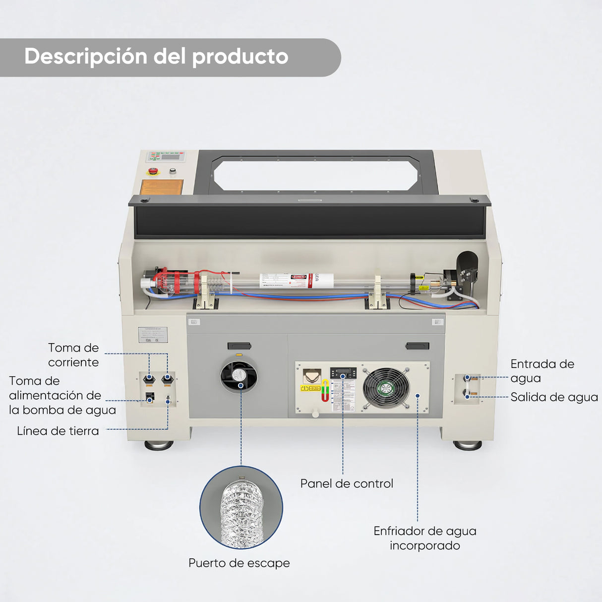 M¨¢quina de grabado l¨¢ser y cortadora con sistema de refrigeraci¨®n por agua integrado de CO2 Monport de 90 W con superficie de grabado (900 x 600 mm)