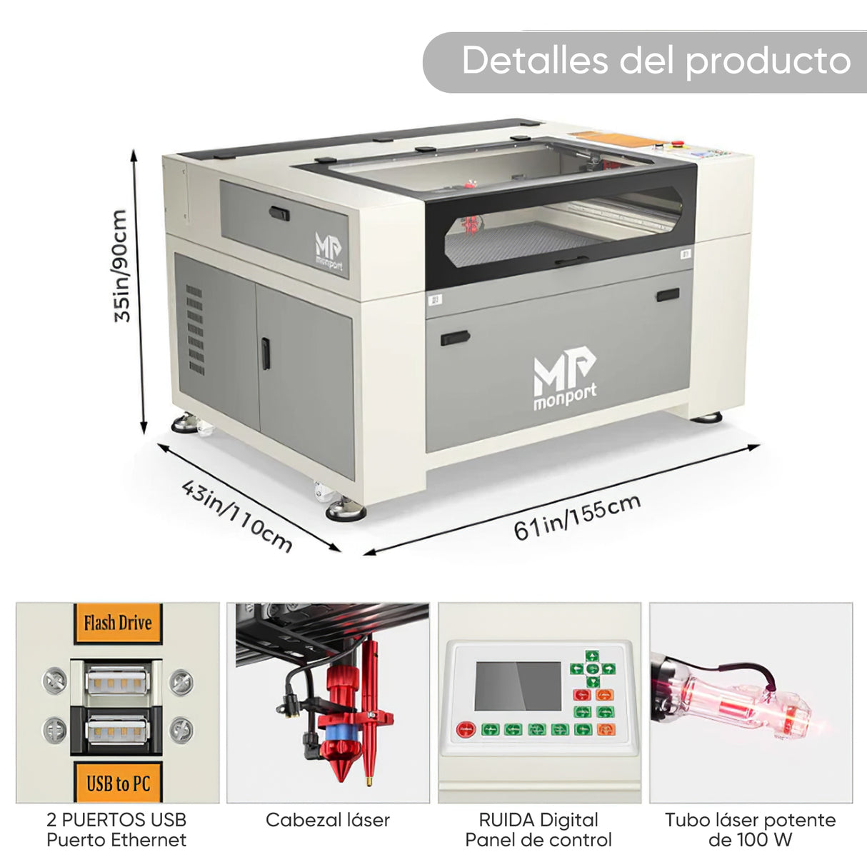 Máquina de grabado láser y cortadora con sistema de refrigeración por agua integrado de CO2 Monport de 100W con superficie de grabado (1000x600 mm)