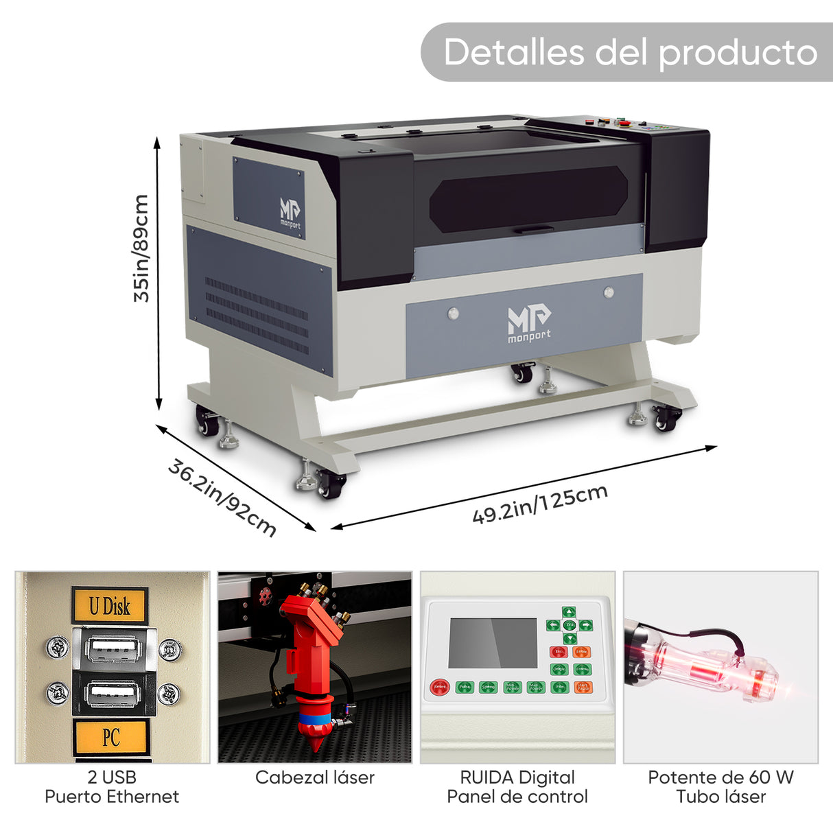 Máquina de grabado y cortadora láser CO2 Monport de 60W (700x500 mm) para grabar superficies con enfoque automático