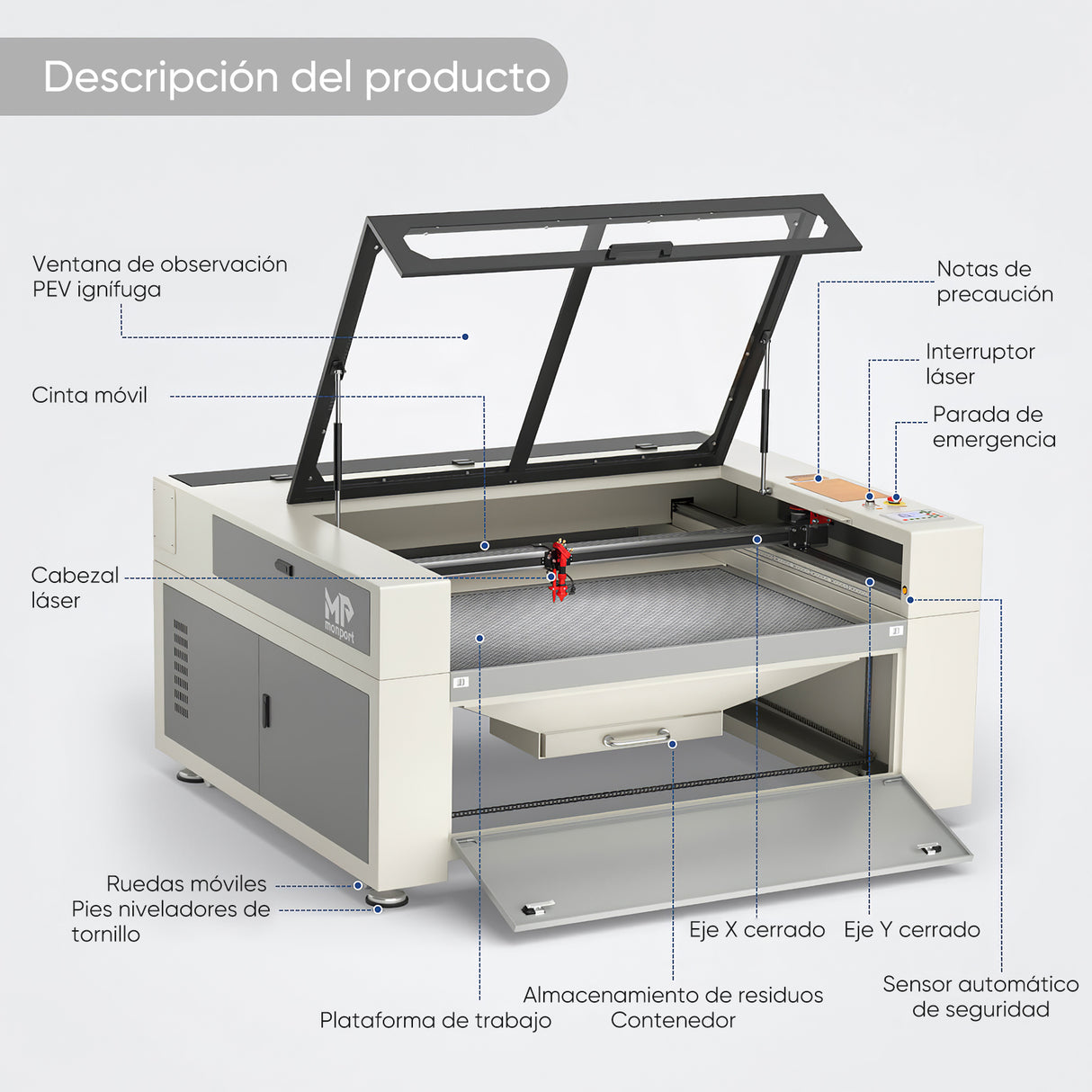 Máquina de grabado láser y cortadora con sistema de refrigeración por agua integrado de CO2 Monport de 130W con superficie de grabado (1300x900 mm)