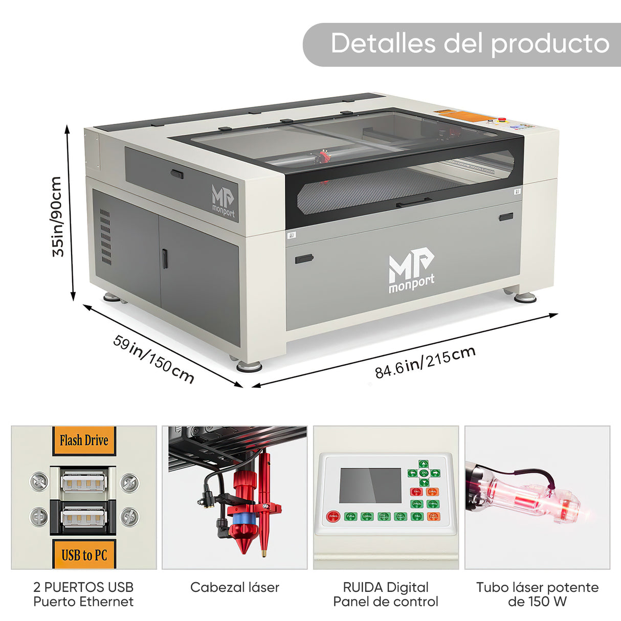 Máquina de grabado láser y cortadora con sistema de refrigeración por agua integrado de CO2 Monport de 150W con superficie de grabado (1600x1000 mm)