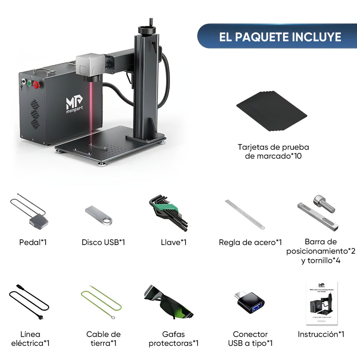 Grabador y marcador l¨¢ser de fibra integrado Monport GA mejorado de 30 W con enfoque autom¨¢tico