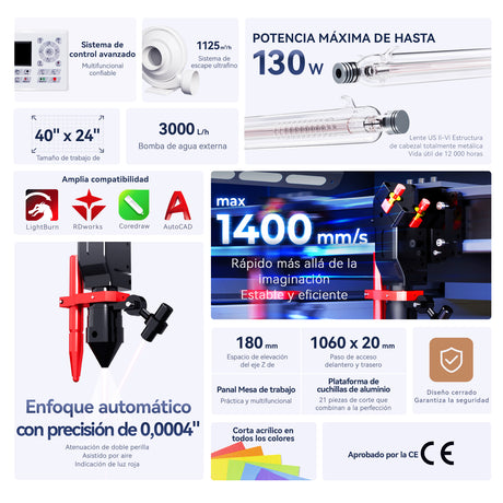 Grabador y cortador láser de CO2 de 100W mejorado Monport Effi 10S con enfoque automático